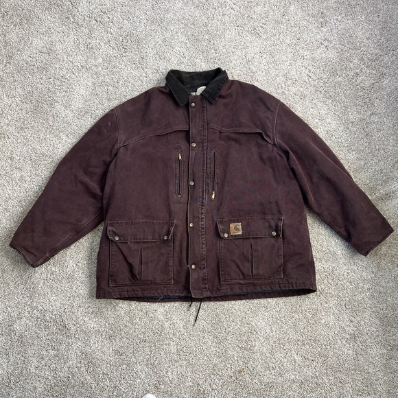 VTG Carhartt Jacket Men 2X Burgundy Blanket Lined Chore Workwear Barn